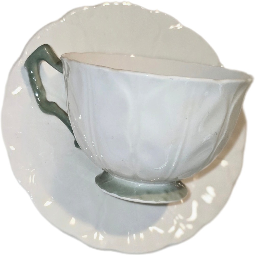 Aynsley England Bone China Teacup Saucer Set White Green Leaf Reg No 765788